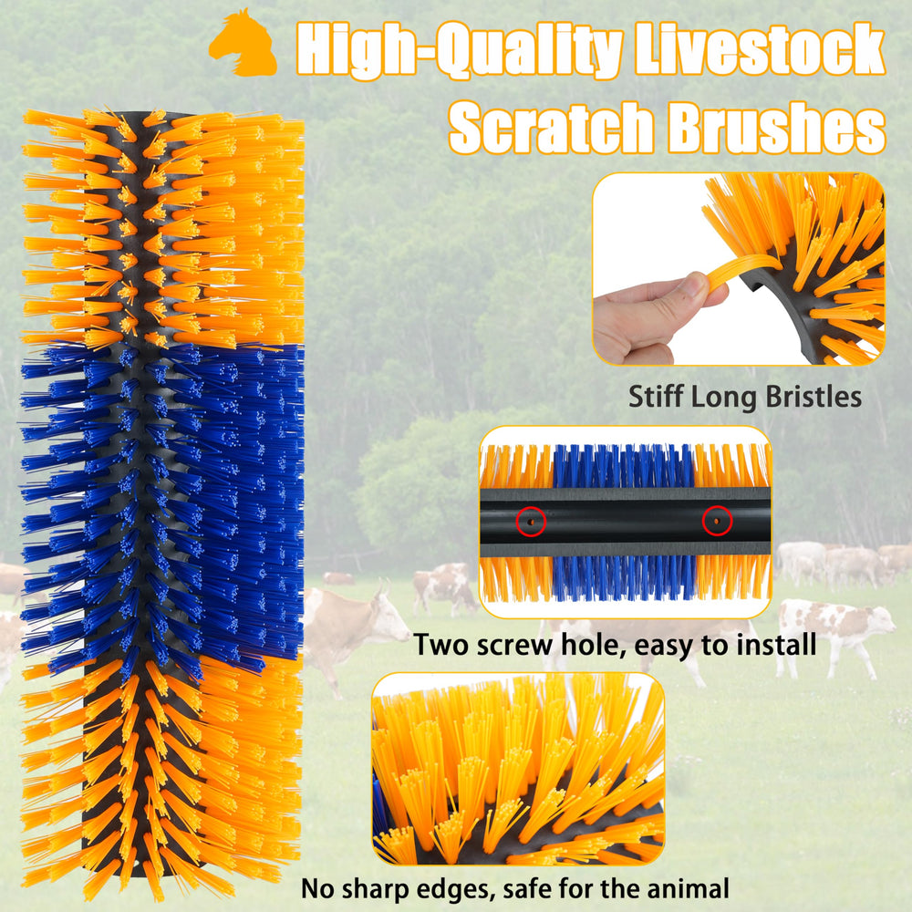 RUSIW livestock scratch brush side view highlights long nylon bristles for deep scratching.