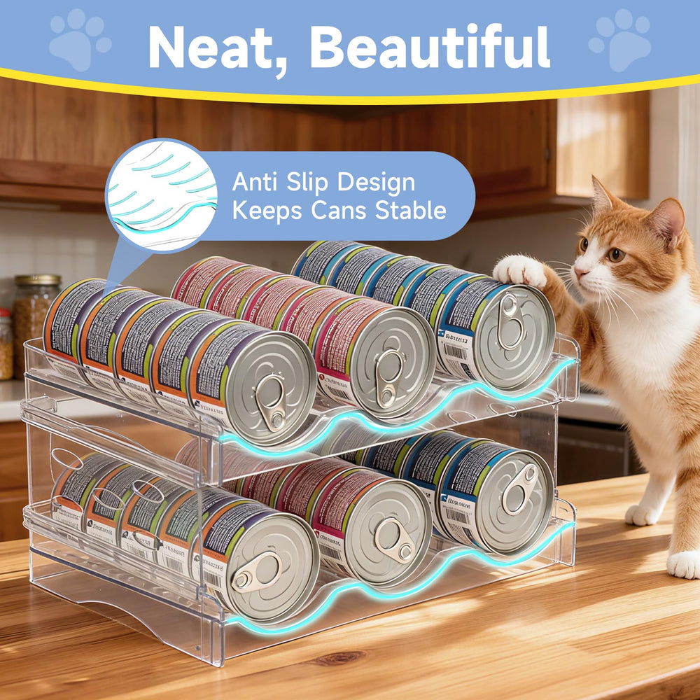 Rvelidode cat food organizer on countertop enables convenient feeding and access.
