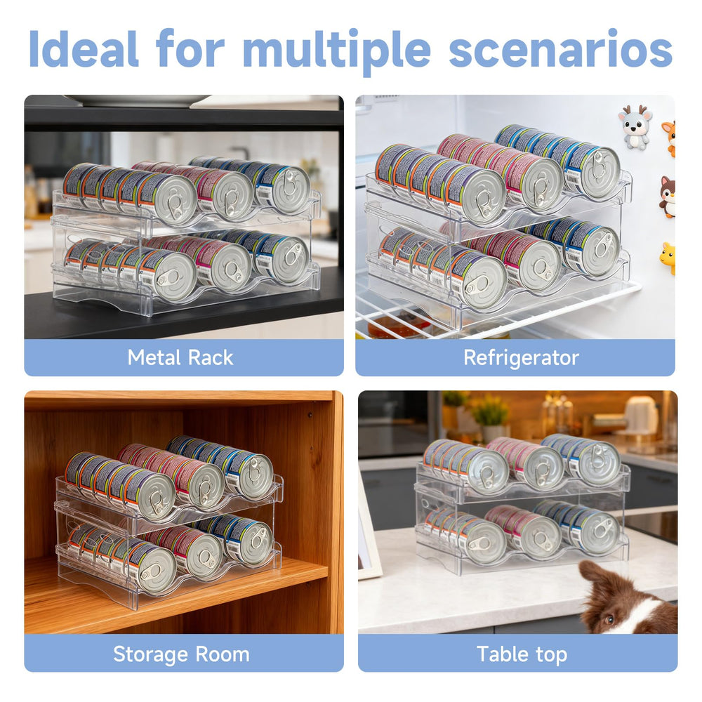 Rvelidode cat food organizer on a metal shelf shows flexible storage options.