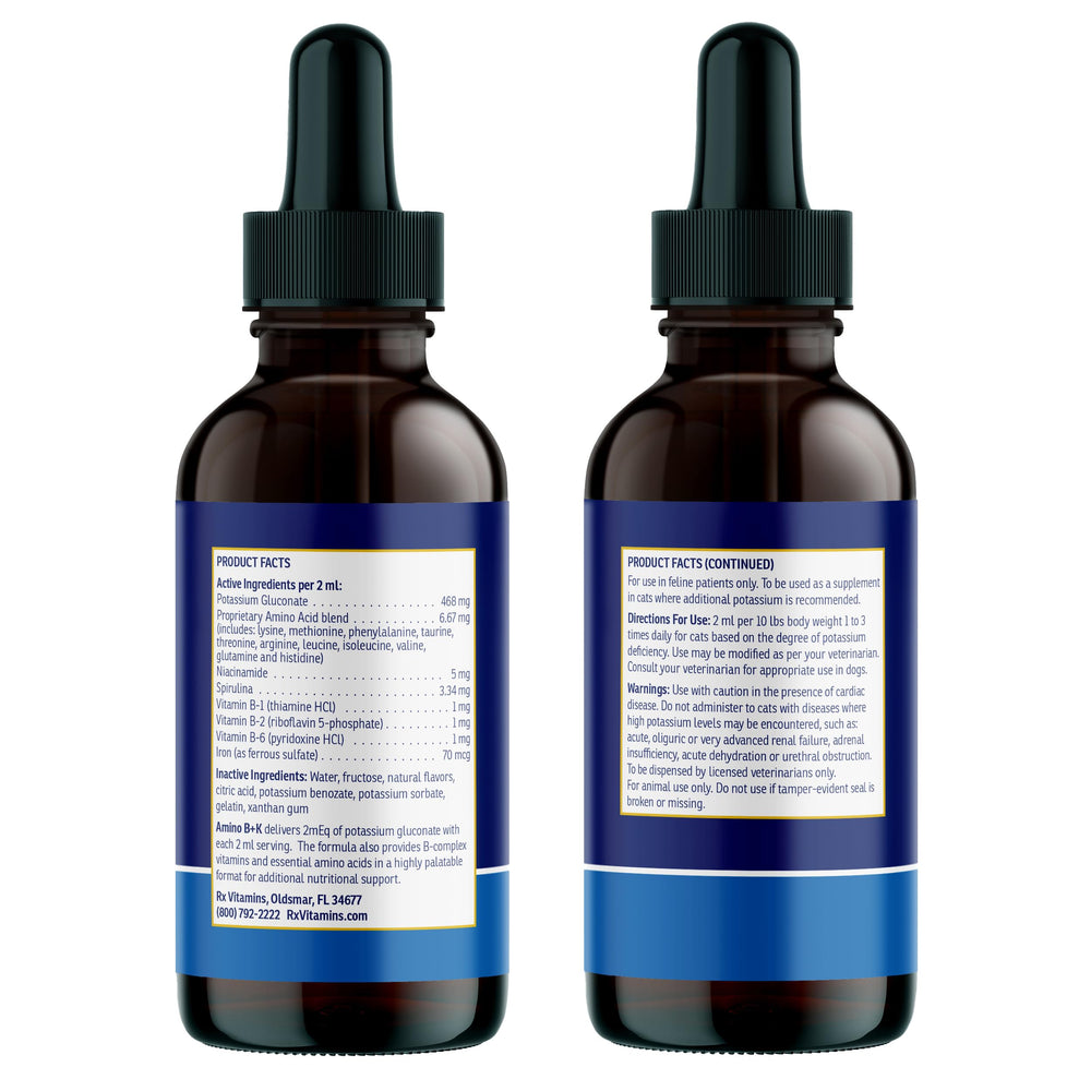 Rx Vitamins Amino B+K bacon-liver flavor enhances palatability.