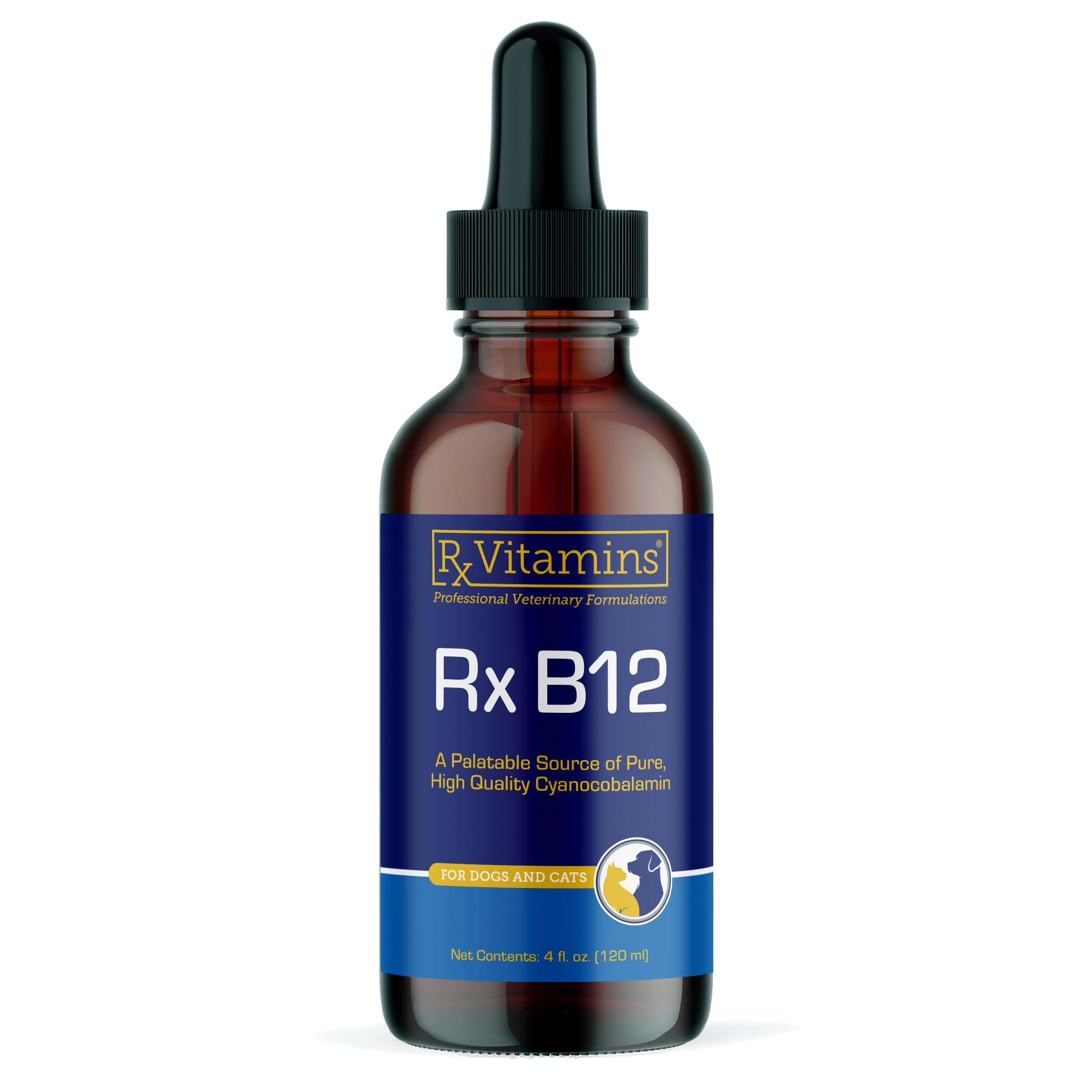 Rx Vitamins B12 dog bottle showing digestive support for aging pets.