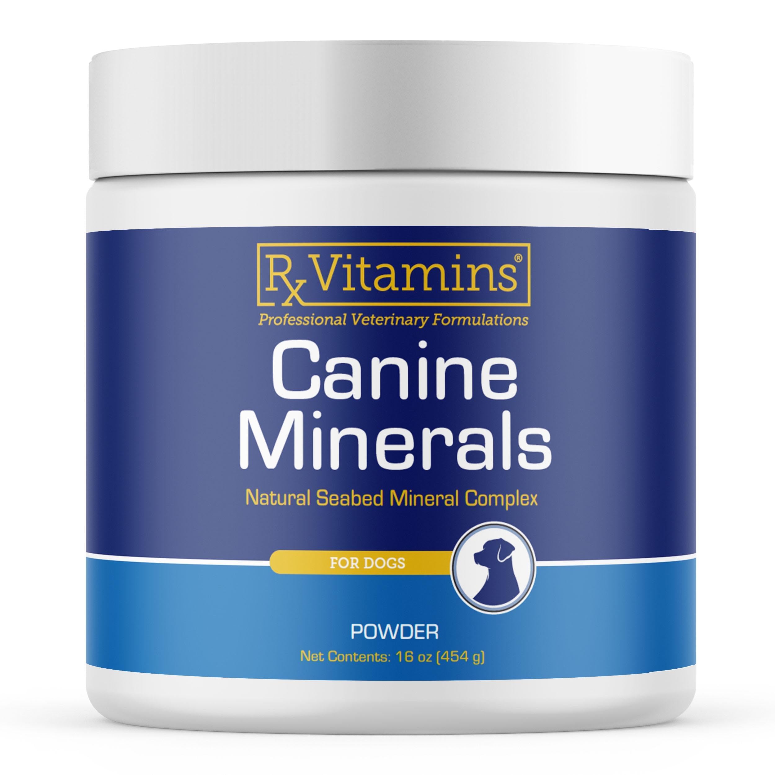 Rx Vitamins Canine Minerals bottle front for bone support and daily immune wellness.