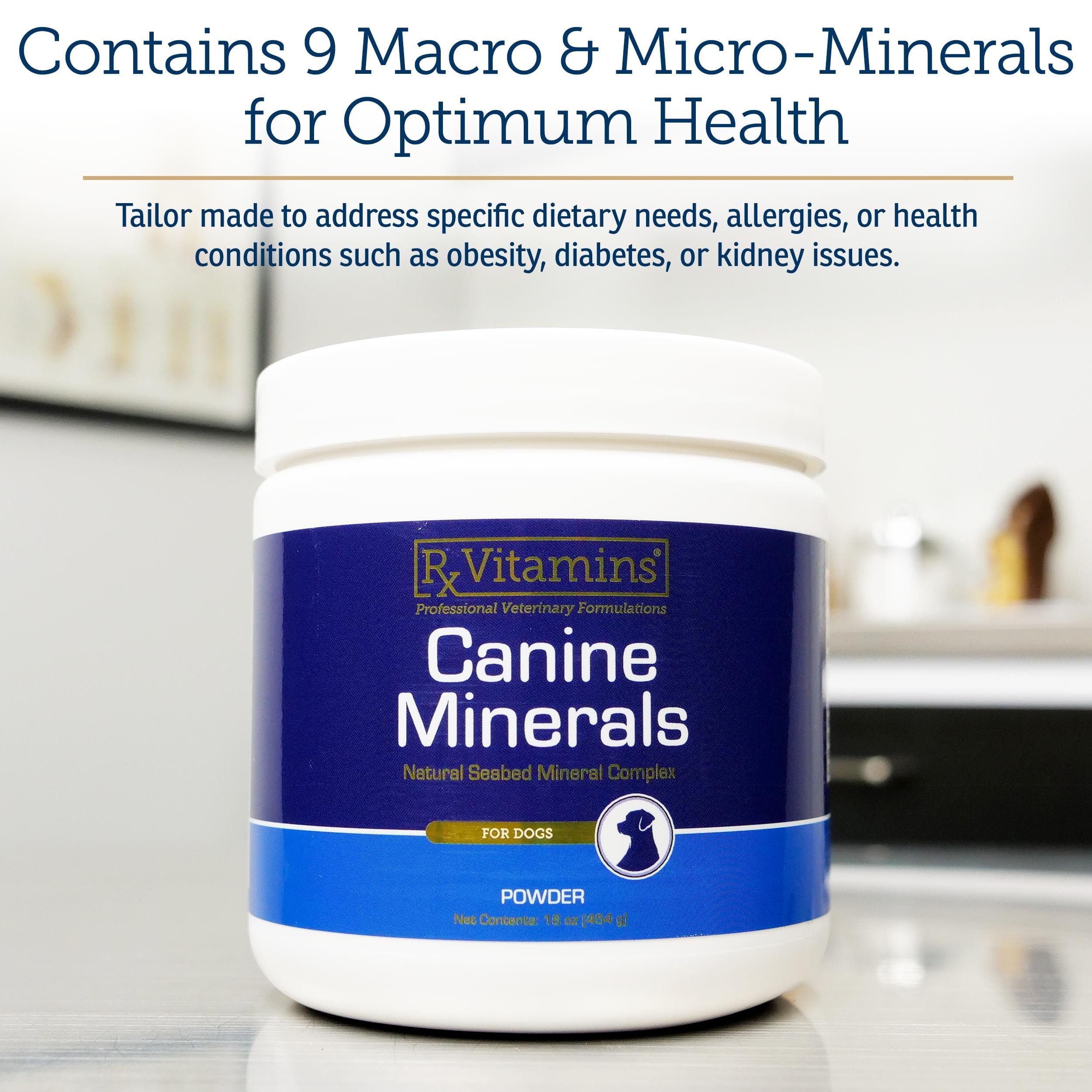 Rx Vitamins Canine Minerals being poured over food shows quick, convenient meal topping.
