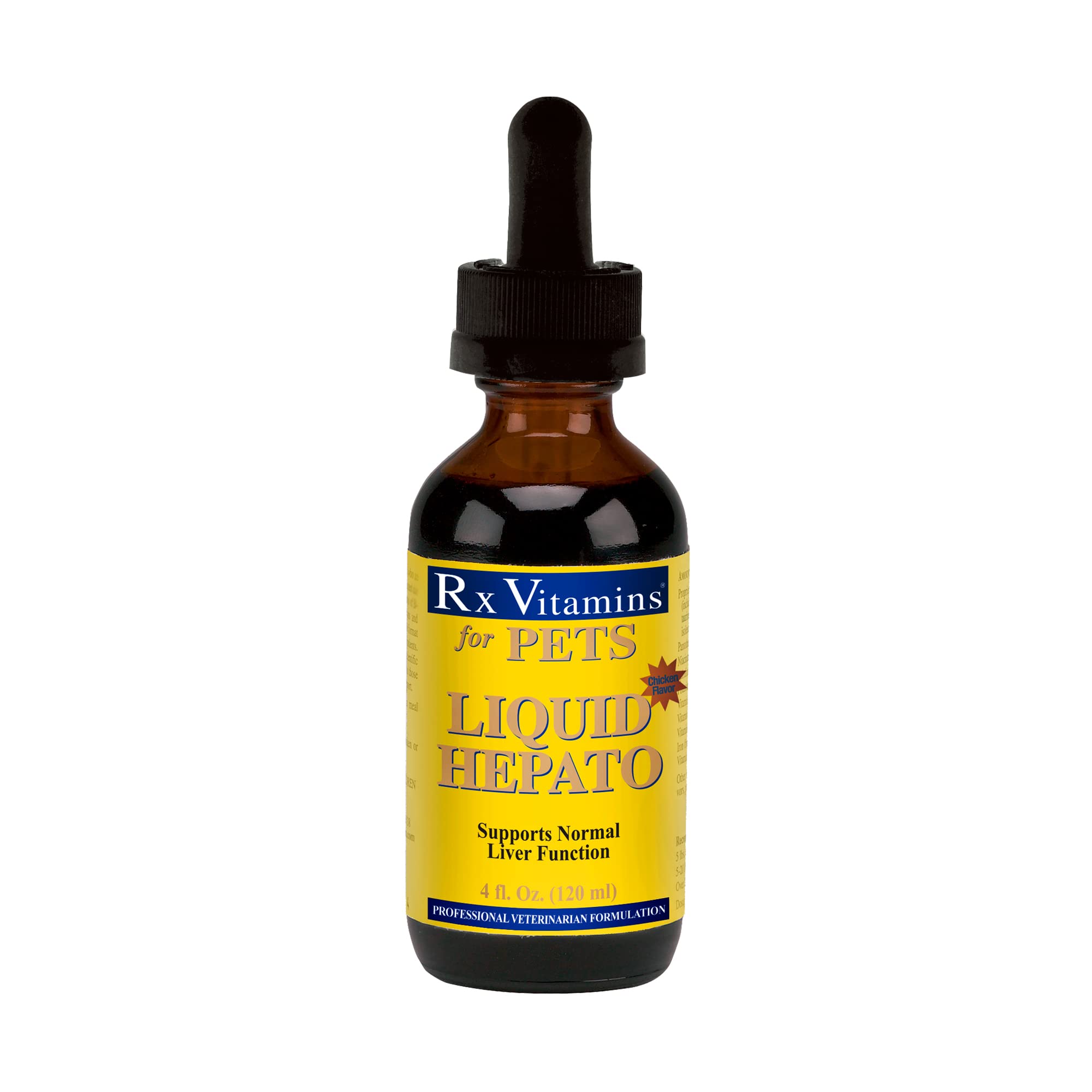 Rx Vitamins Chicken Flavor Liquid Hepato bottle for easy pet supplement dosing and palatability.