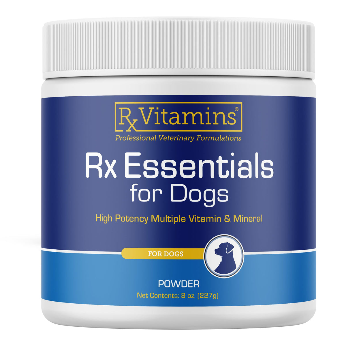 Rx Vitamins Essentials for Dogs bottle label signals a complete daily vitamin mix for wellness.