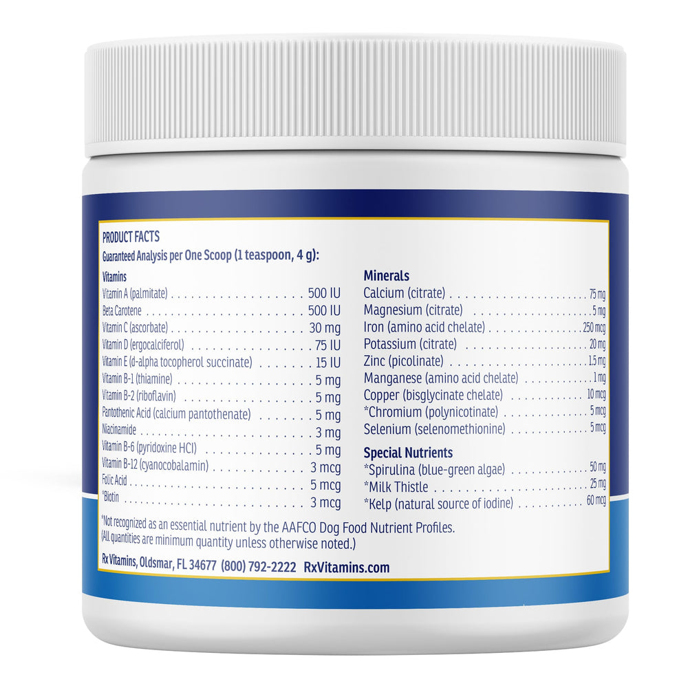 Vitamin C, D, and E blend in Rx Vitamins Essentials for Dogs supports immune and bone health.