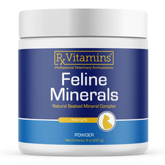Rx Vitamins Feline Minerals bottle pour suggests easy daily use for joint and heart support