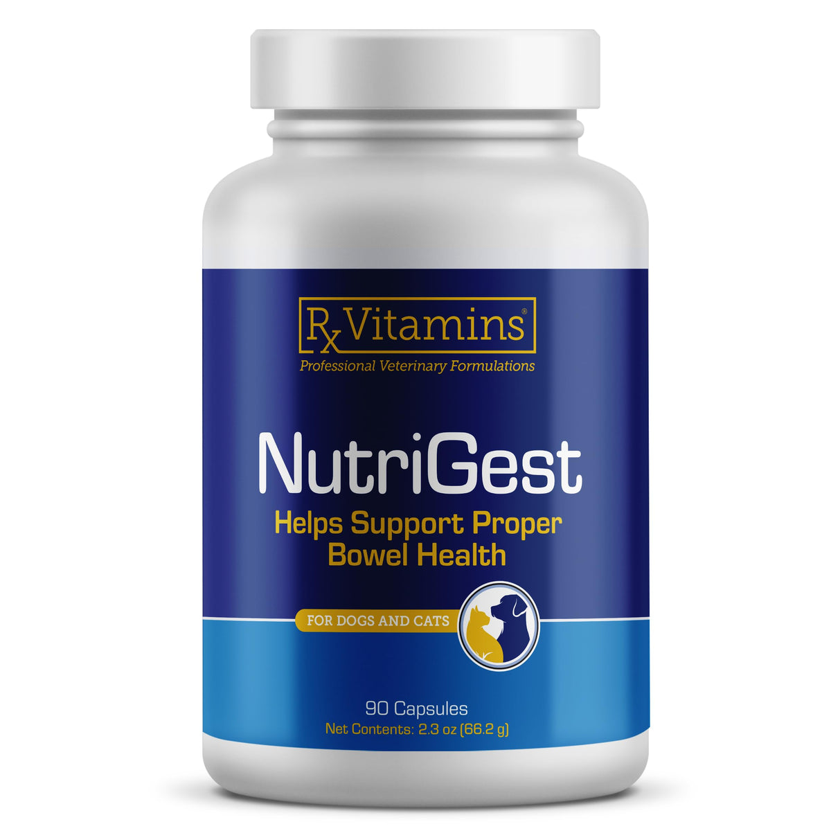 Rx Vitamins NutriGest capsules side view showing daily gut support for pets.