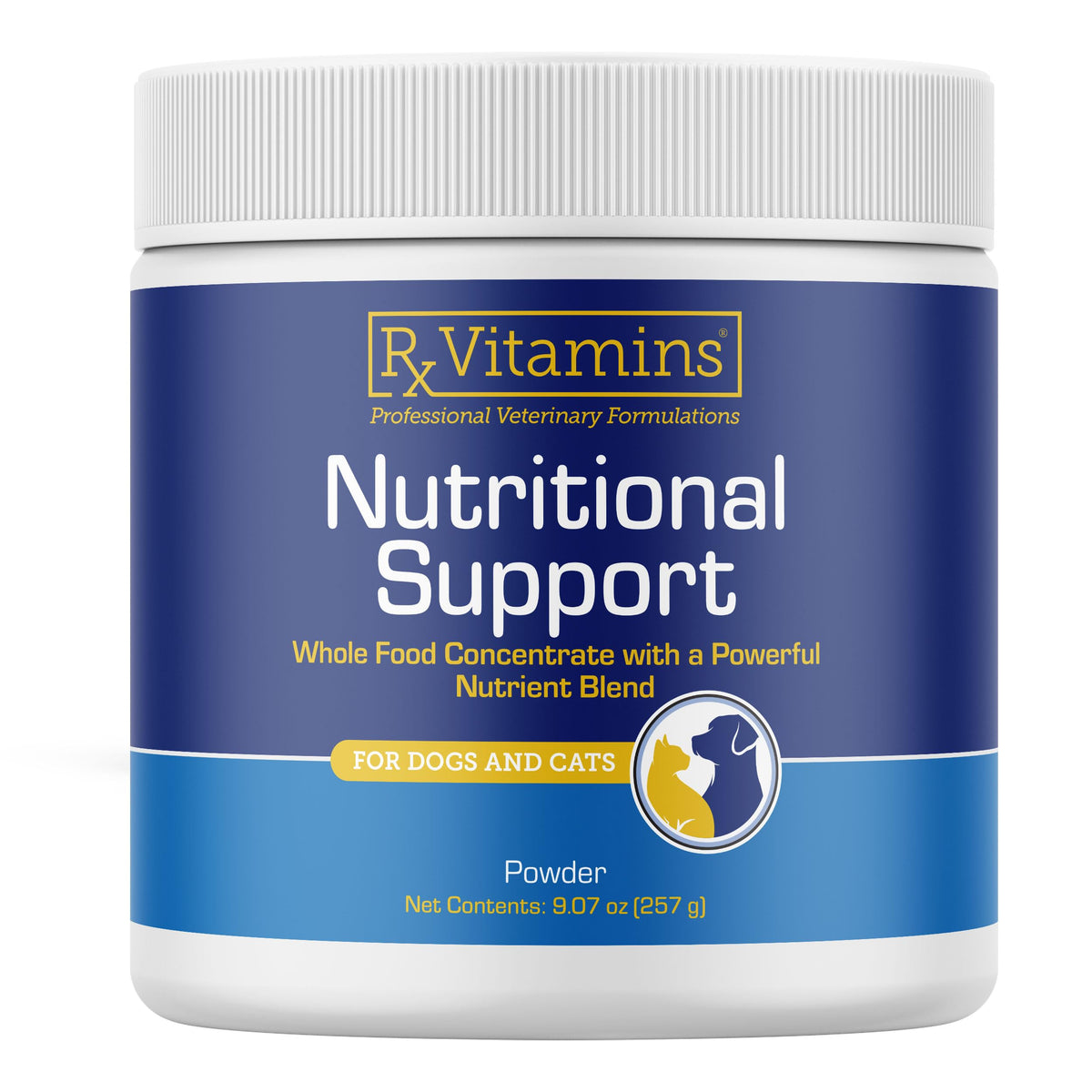 Rx Vitamins Nutritional Support bottle front highlighting omega-3 for skin and coat benefits.
