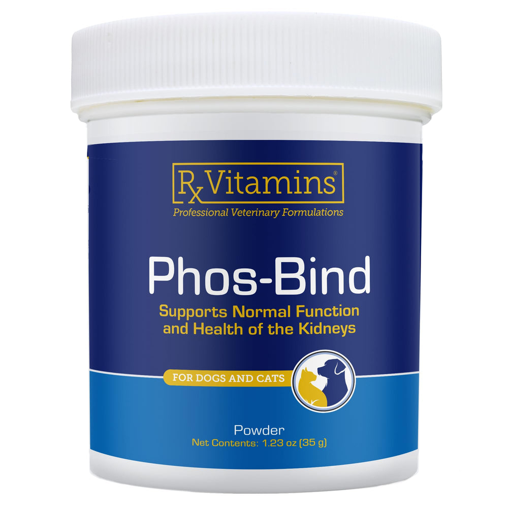 Rx Vitamins Phos-Bind packaging shown for easy pet kidney support.