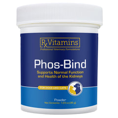 Rx Vitamins Phos-Bind packaging shown for easy pet kidney support.