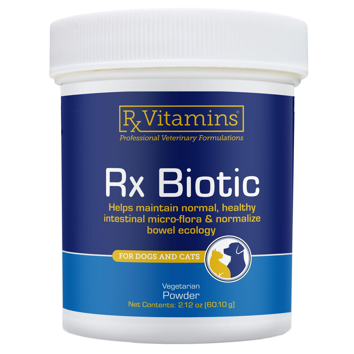 Rx Vitamins Rx Biotic bottle pour demonstrates easy dosing for pet digestion.