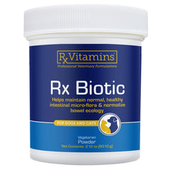 Rx Vitamins Rx Biotic bottle pour demonstrates easy dosing for pet digestion.