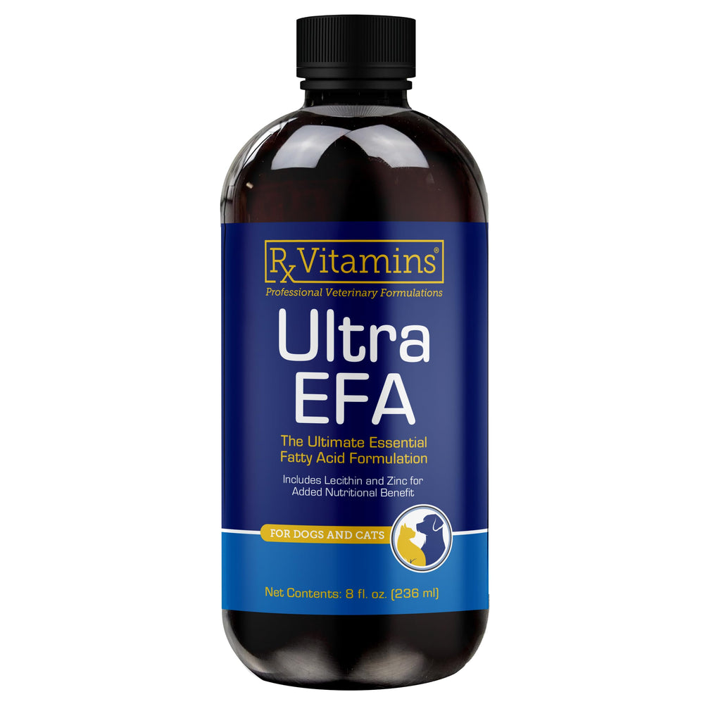 Rx Vitamins Ultra EFA Omega 3 bottle pour demonstrates easy daily dog supplement.