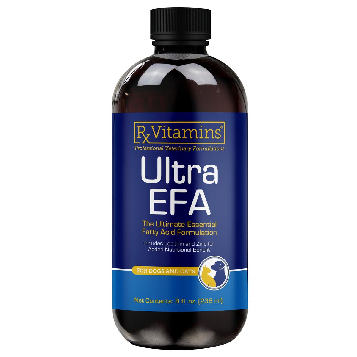 Rx Vitamins Ultra EFA Omega 3 bottle pour demonstrates easy daily dog supplement.
