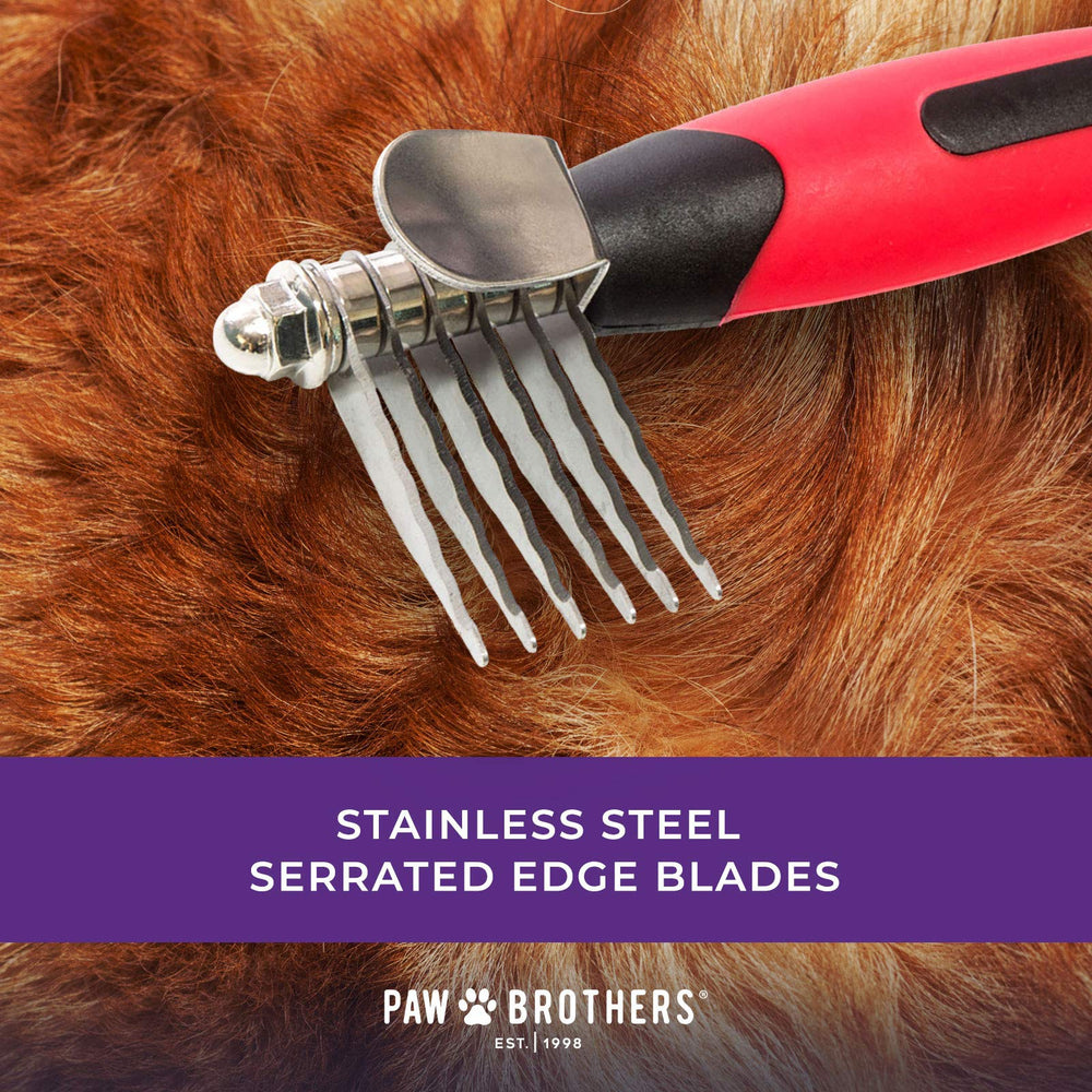 RYAN'S PET SUPPLIES Paw Brothers dematting tool smooths mats on a dog coat.