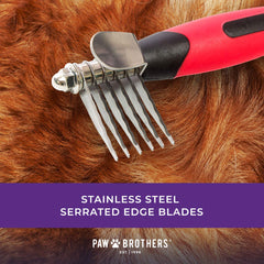 RYAN'S PET SUPPLIES Paw Brothers dematting tool smooths mats on a dog coat.