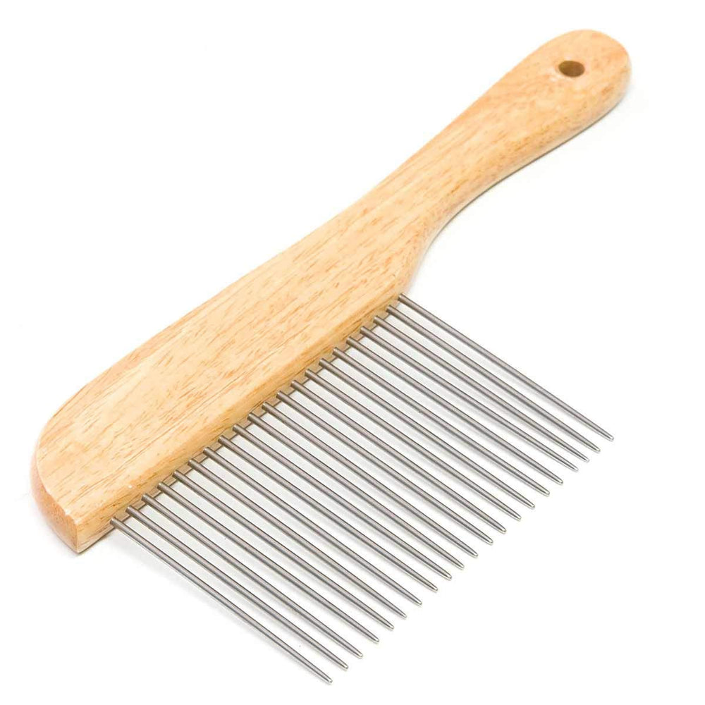 Ryan's Pet Supplies Paw Brothers Poodle Comb with ergonomic wooden handle for comfortable grooming.