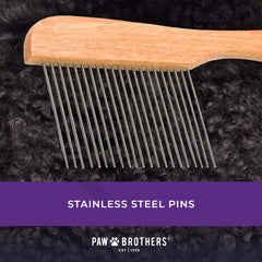 Wooden ergonomic handle of Paw Brothers Poodle Comb designed for comfortable grooming sessions.