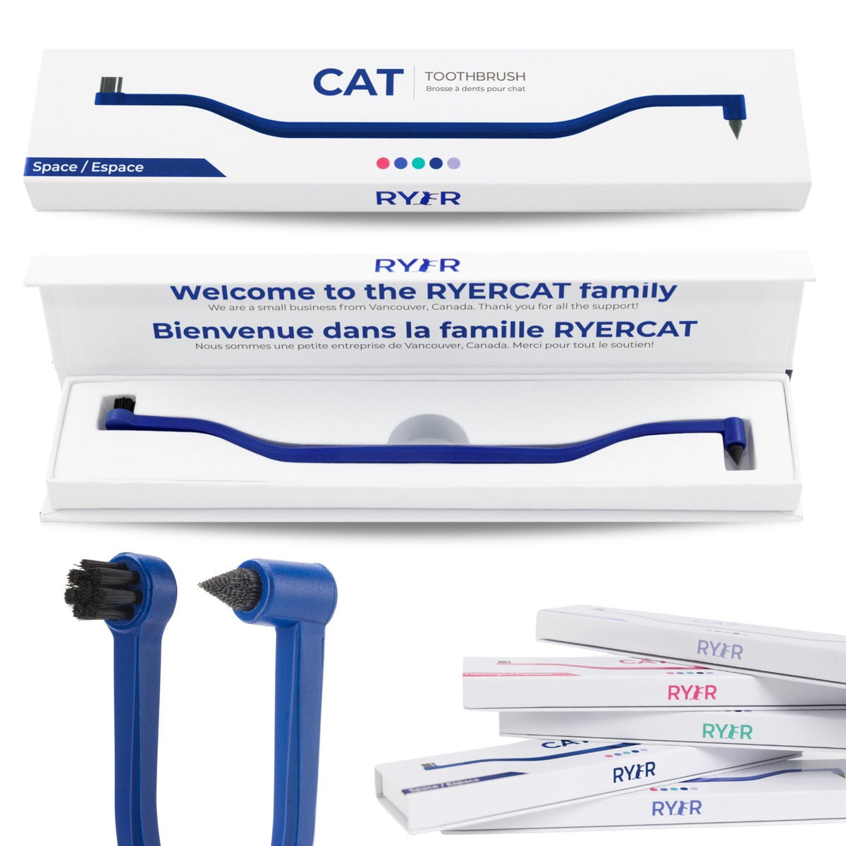 RYERCAT Space dual-sided toothbrush close-up with 8mm head for tiny cat mouths and gentle bristles.