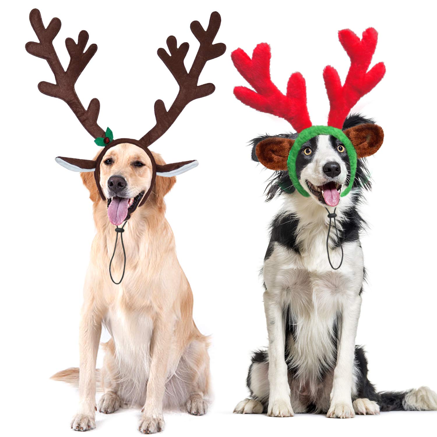 Rypet Christmas reindeer antler headband on a dog for a festive look and photos.