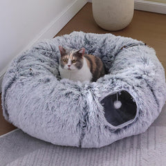 RYpetmia plush cat tunnel bed in grey, open tunnel for playful exploration.