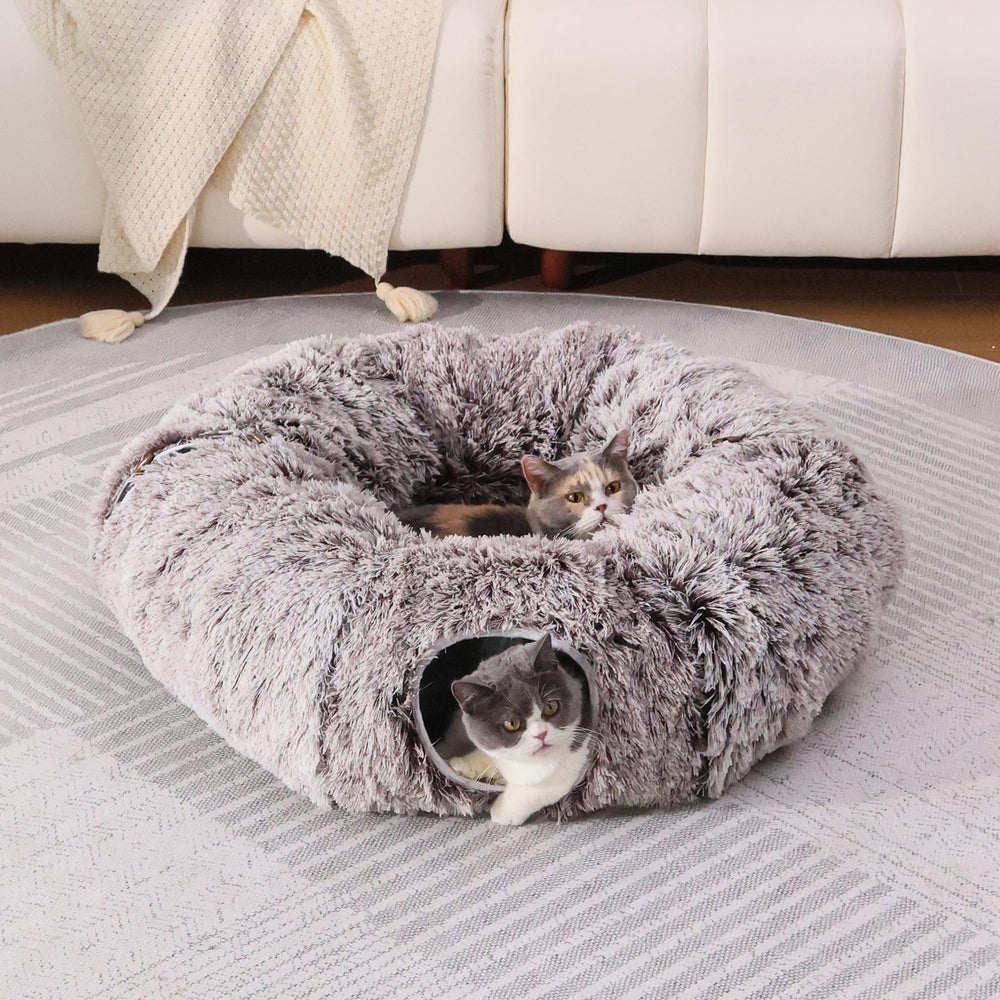 RYpetmia plush cat tunnel bed in living room setup offers a cozy retreat for indoor cats.