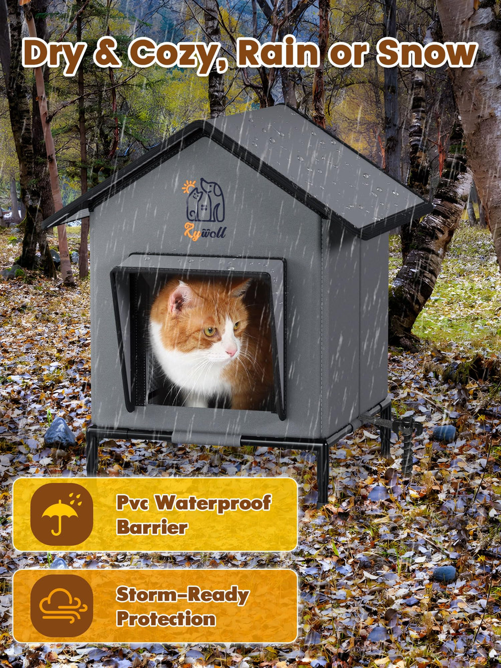 Rywell cat house with seamless PVC roof keeps rain out during storms.