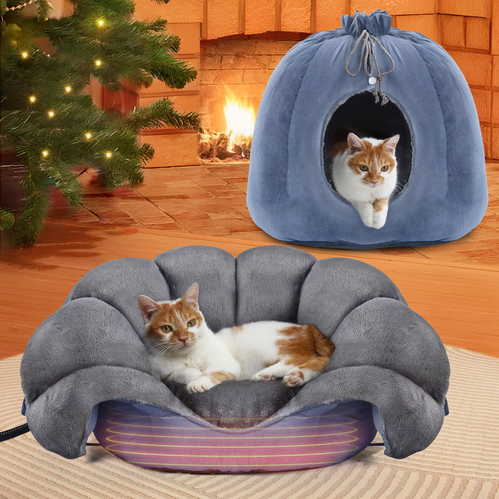 Rywell heated cat bed shows 26-inch size for larger cats' extra space and comfort.