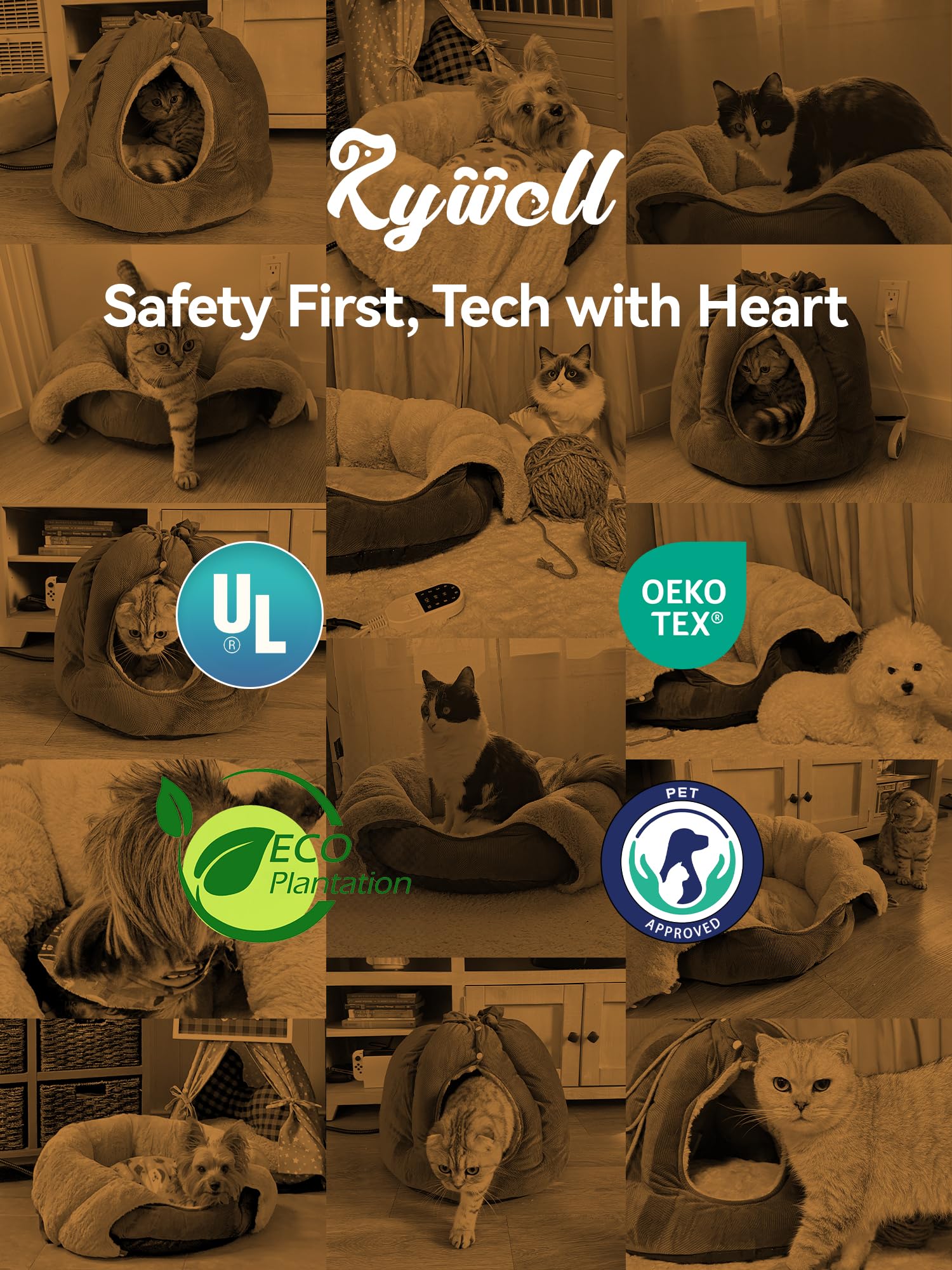 Rywell heated cat bed uses UL-certified components and OEKO-certified materials.