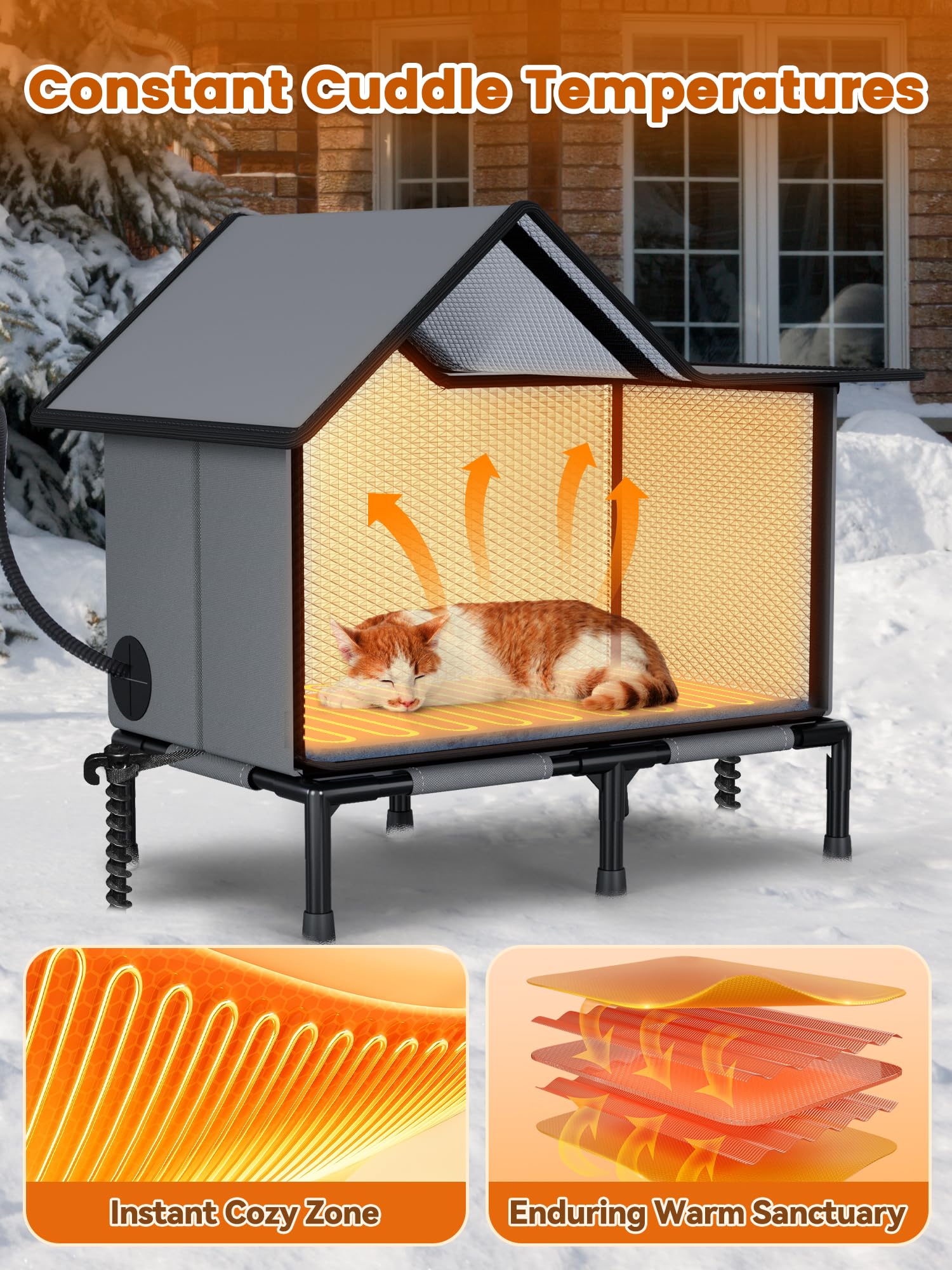 Rywell heated cat house 24-hour warmth control offers consistent comfort during chilly nights.