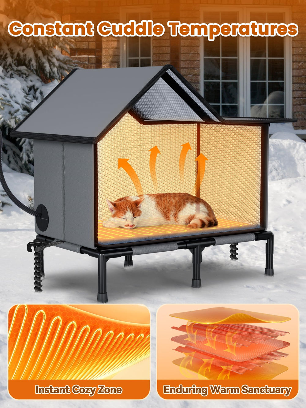 Rywell heated cat house 24-hour warmth control offers consistent comfort during chilly nights.