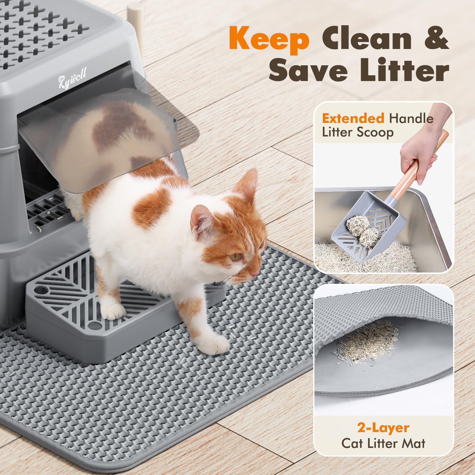 Rywell litter mat and scoop holder simplify cleanup and containment.