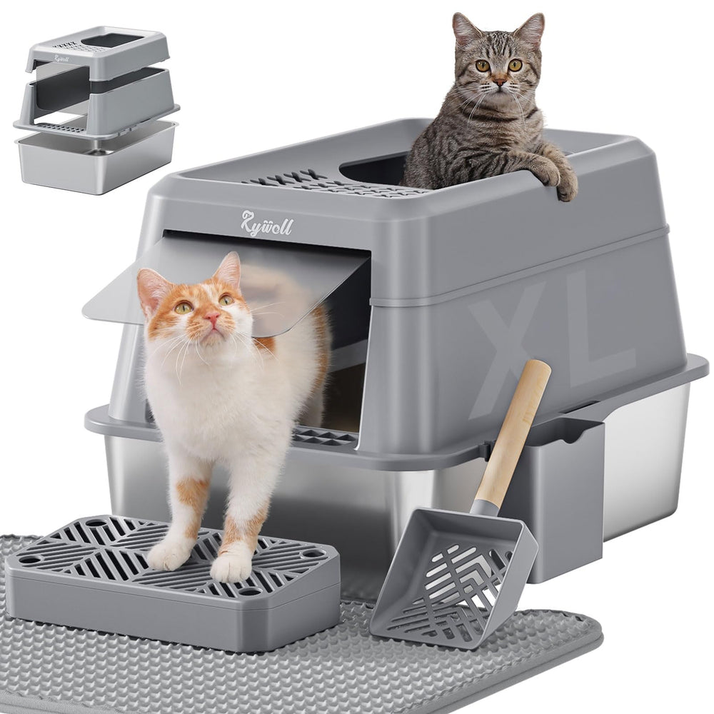 Rywell litter box with lid, top view, showcasing large XL space for multiple cats, comfortable movement.