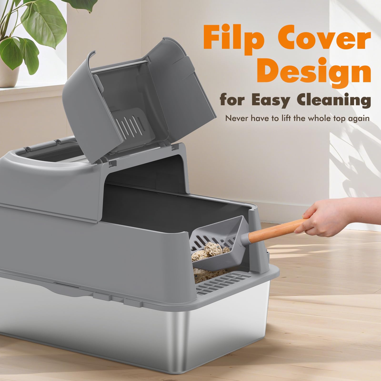 Rywell stainless steel litter box interior view highlighting durable surface.