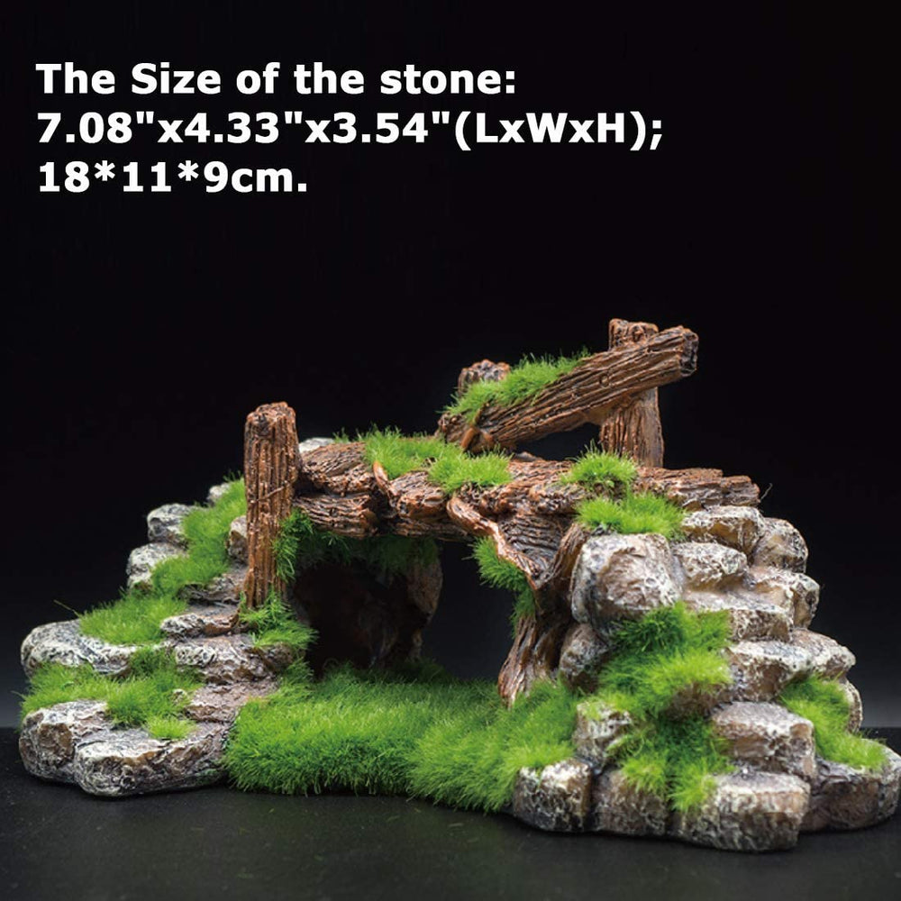 S-Lifeeling rockery with wood ruins adds textured focal points to tank decor.
