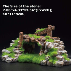 S-Lifeeling rockery with wood ruins adds textured focal points to tank decor.
