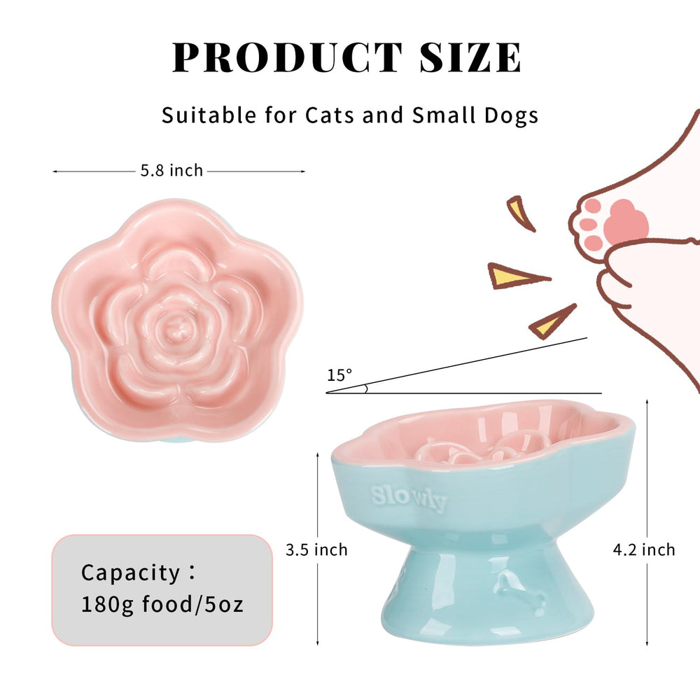 S&Q'S CERAMICS raised slow feeder cat bowl pink tilt angle showcases neck-friendly elevation.