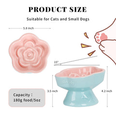 S&Q'S CERAMICS raised slow feeder cat bowl pink tilt angle showcases neck-friendly elevation.