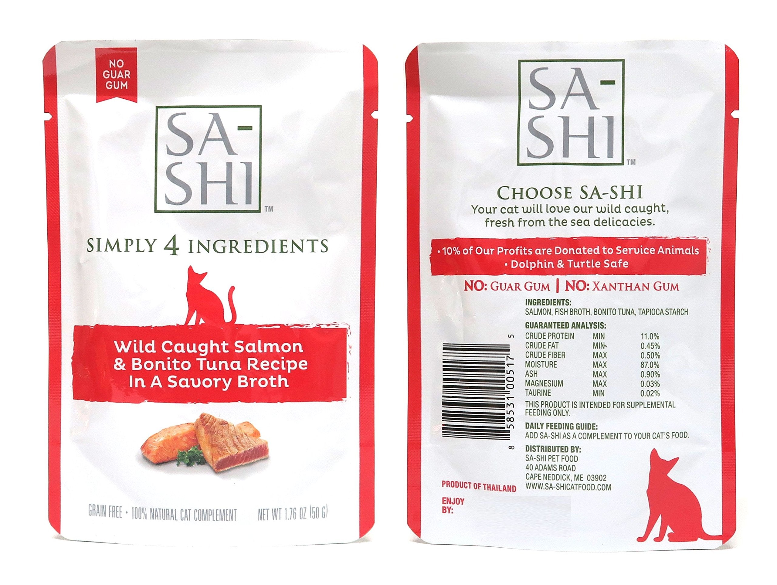 Sa-Shi grain-free cat food pouch packaging closeup highlighting five-flavor variety.