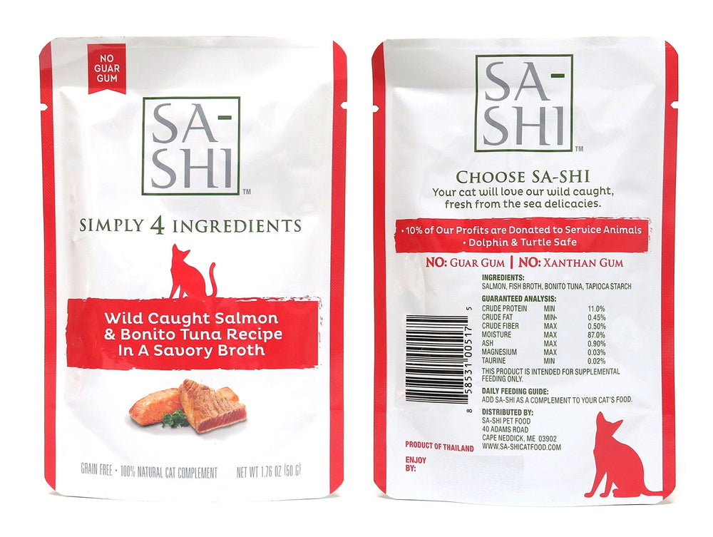 Sa-Shi grain-free cat food pouch packaging closeup highlighting five-flavor variety.