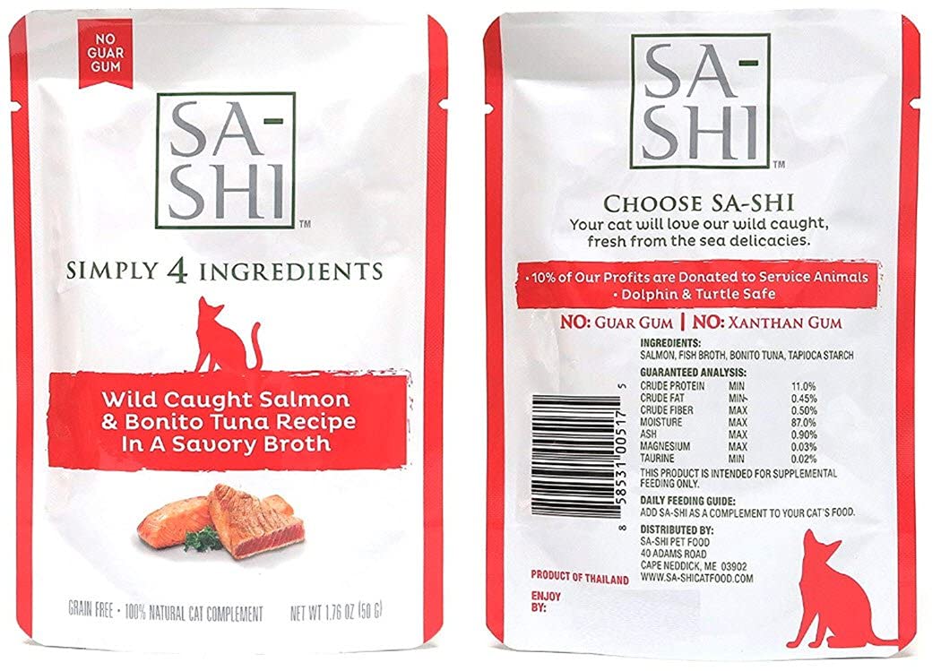 Sa-Shi grain-free wet cat food pouch with tuna and salmon for hydration and protein