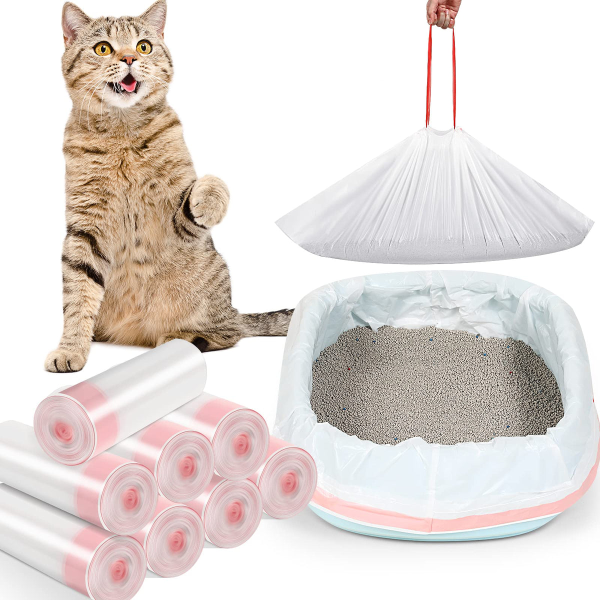 Sabary 80-count cat litter box liners with drawstring for easy cleanup