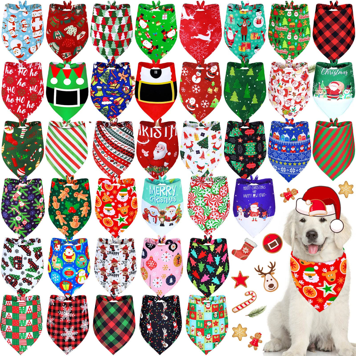 Sadnyy 40-pcs Christmas dog bandanas packaging offers abundant holiday styling options for pets.