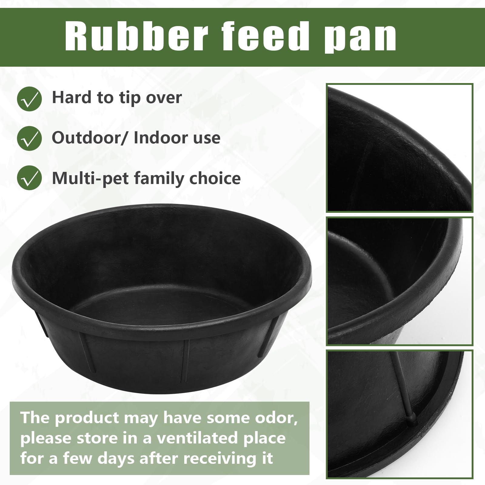 Sadnyy rubber feed pan 8qt left view emphasizes large capacity for livestock feeding.