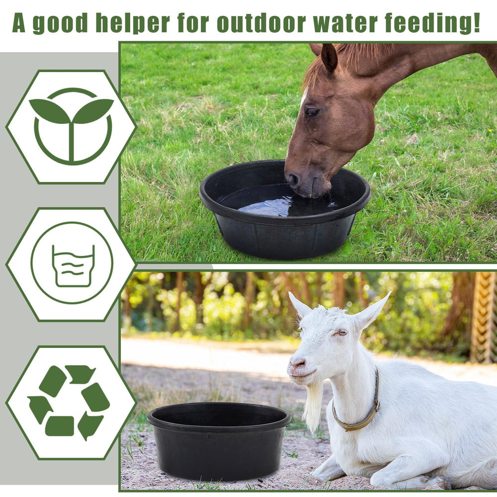 Sadnyy rubber feed pan outdoors supports multiple animals with durable, weather-ready design.