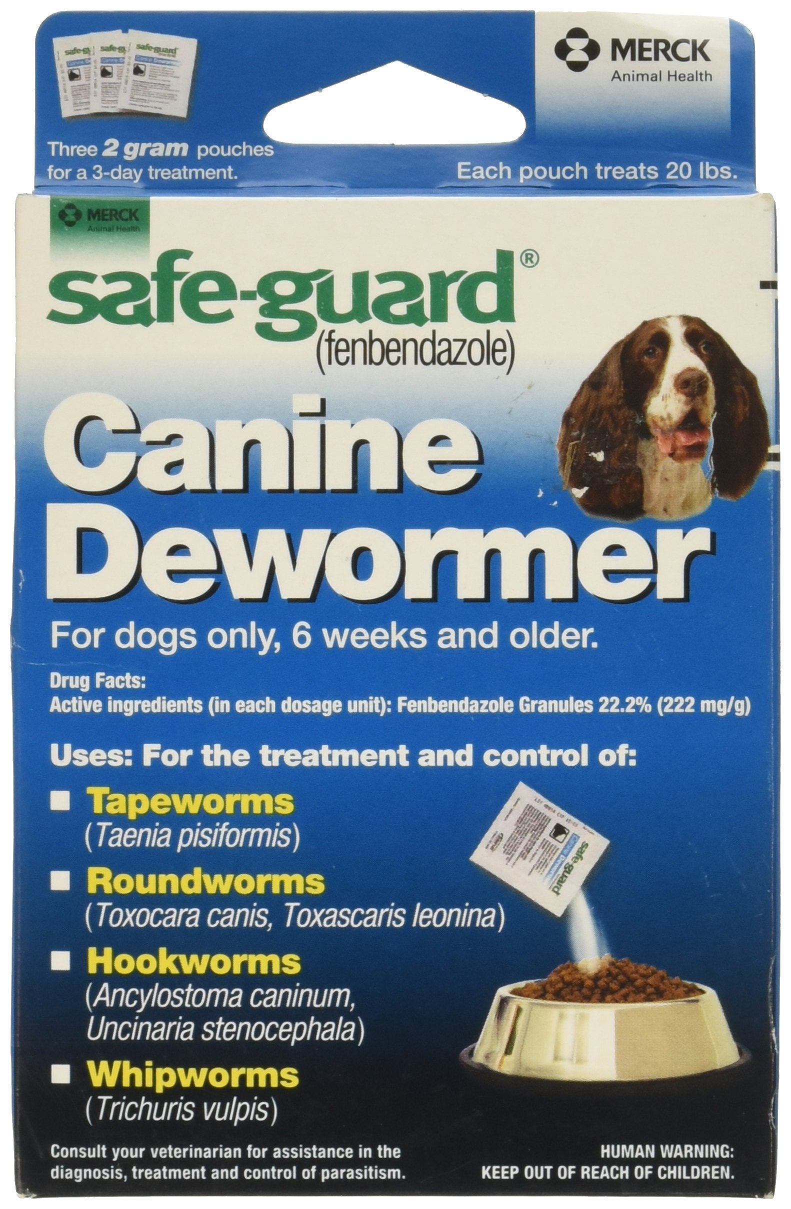 SAFE-GUARD canine dewormer packaging blue box shows ready-to-use pouches for easy dosing.