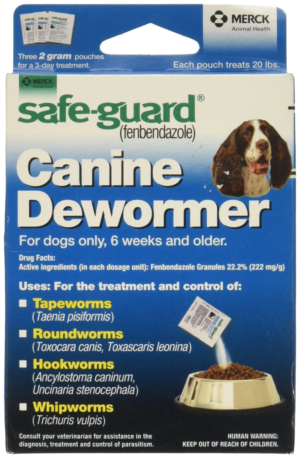 SAFE-GUARD canine dewormer packaging blue box shows ready-to-use pouches for easy dosing.