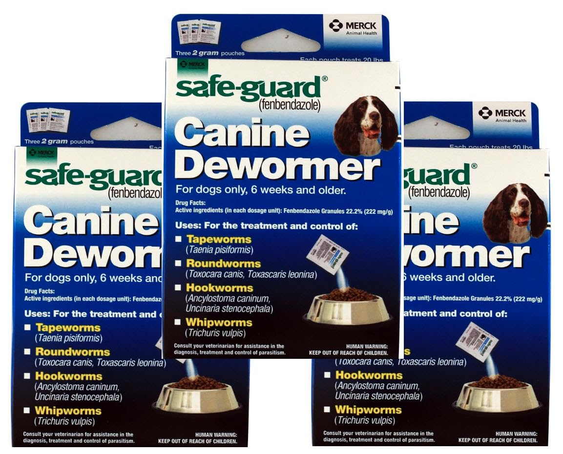 SAFE-GUARD canine dewormer pouches pack 3 offers easy dosing and broad-spectrum protection for dogs.
