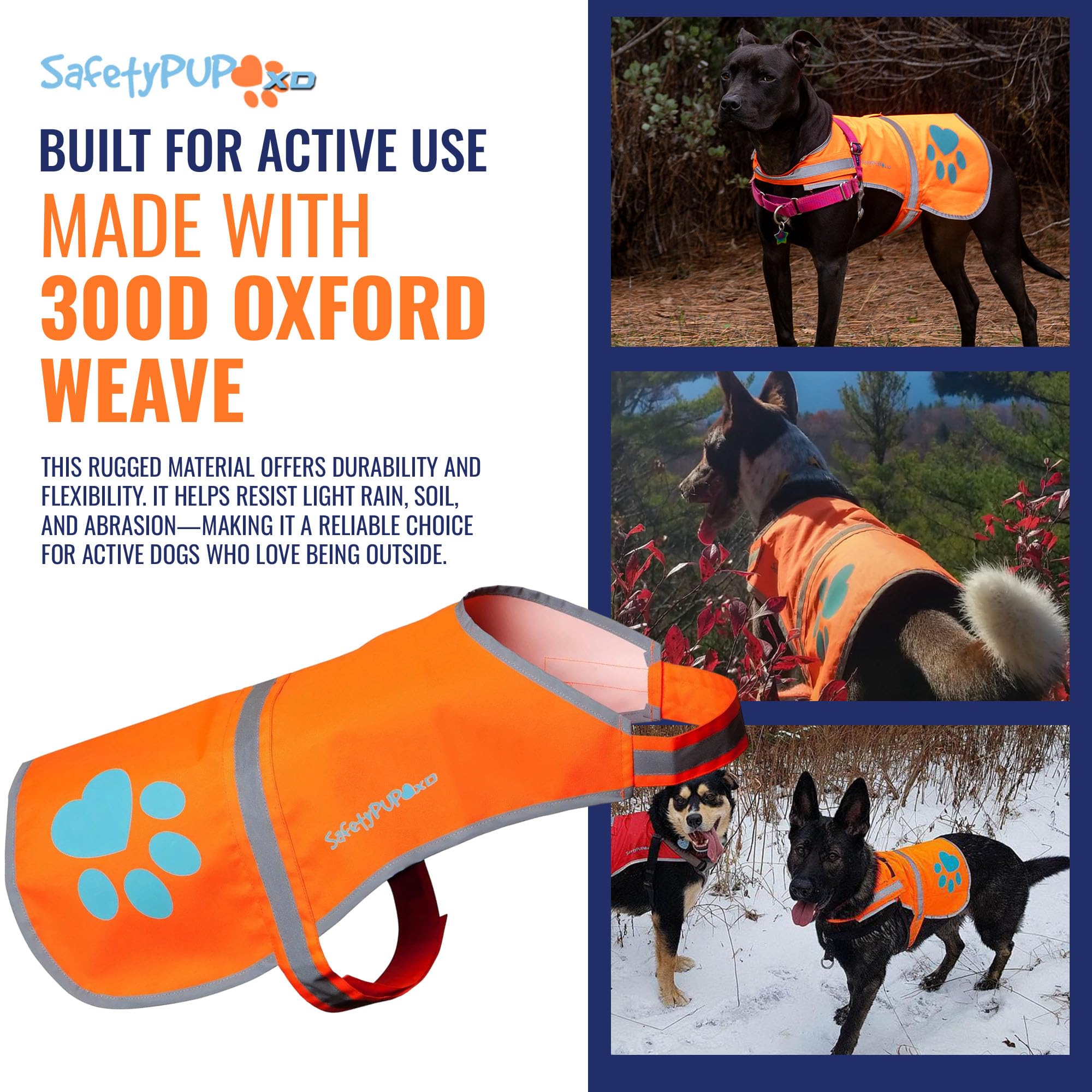 SafetyPUP XD water-resistant fabric ready for light rain or damp trails